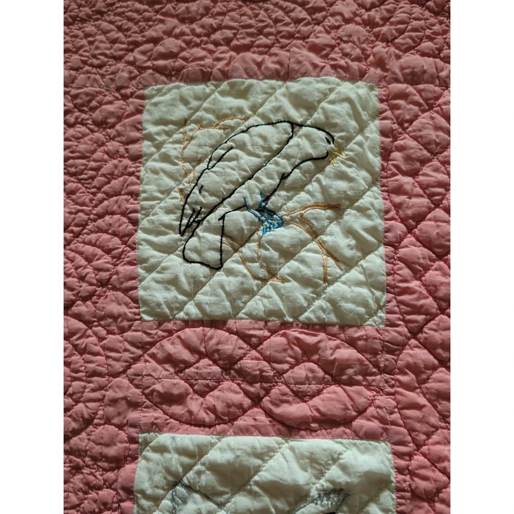 Vintage Handmade Pink & White Embroidered Patchwork Quilt w/Birds & Flowers.
